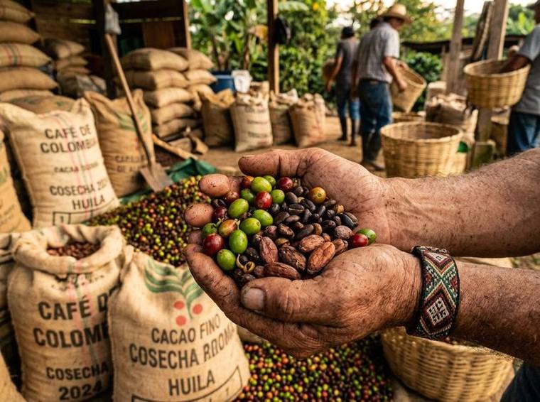 Manos sosteniendo granos de café y cacao junto a sacos de cosecha