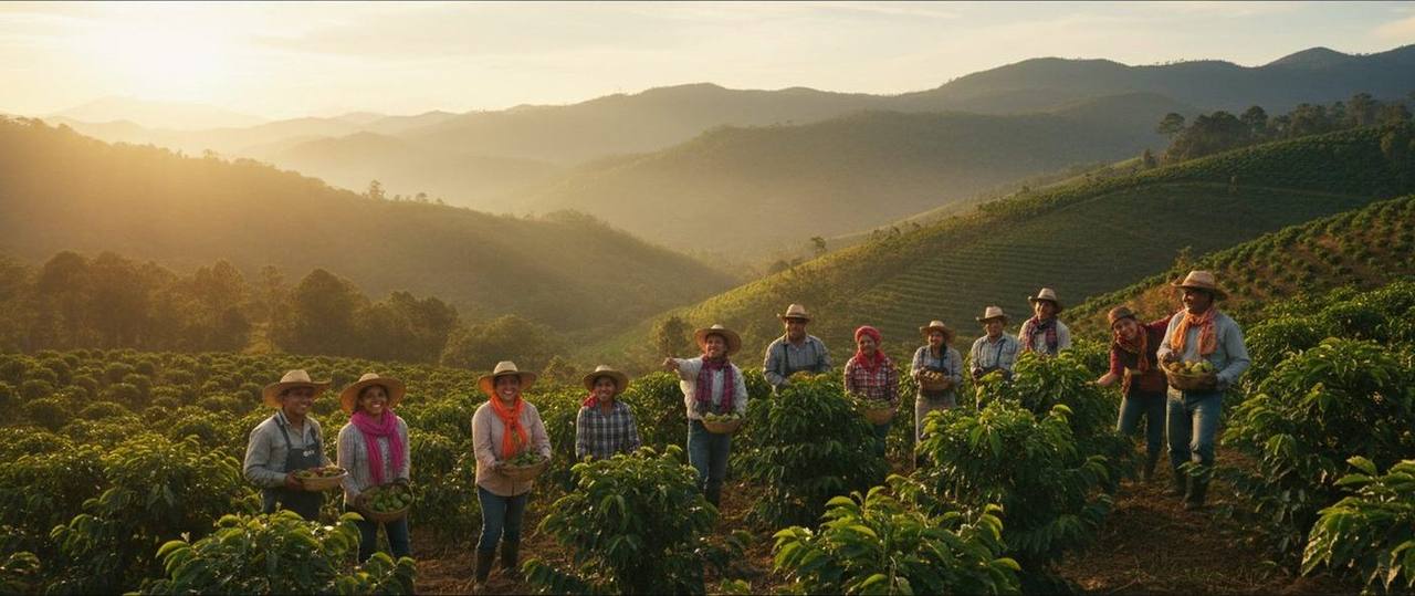 Familias caficultoras trabajando en las montañas de Santander al amanecer