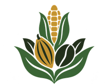Emblema de COOPSECHAUNICOL: hoja, mazorca de cacao y grano de café