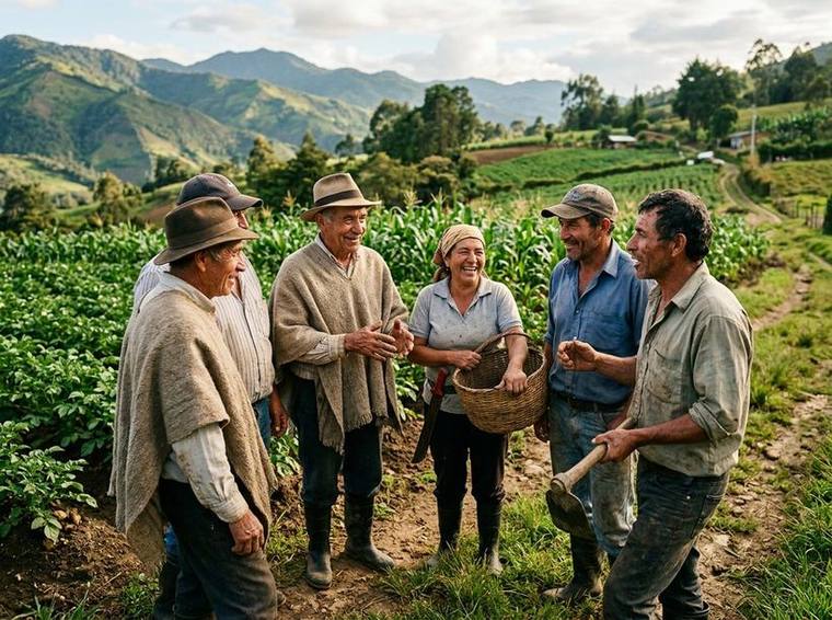 Grupo de campesinos asociados conversando en un cultivo de las montañas santandereanas