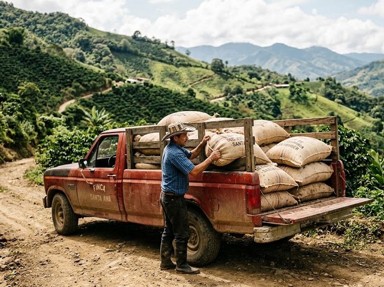 Camioneta cargada con sacos de café en un camino veredal de montaña